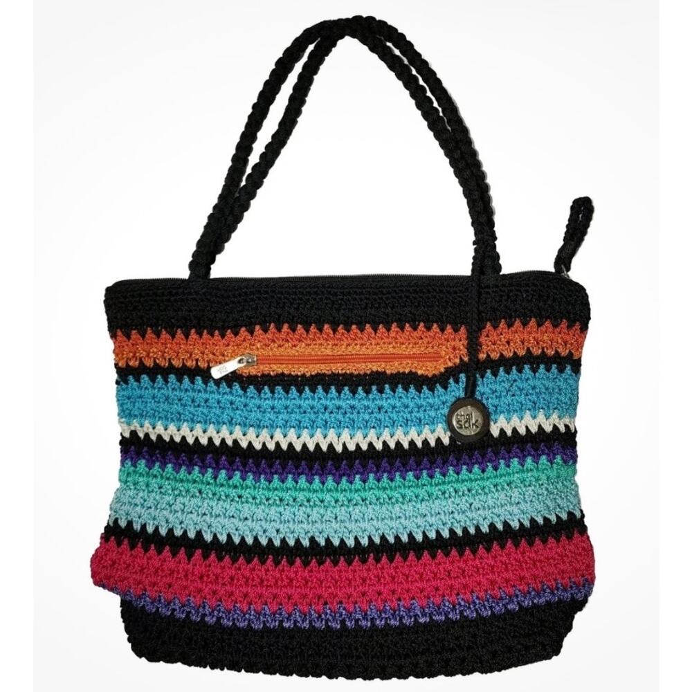 The Sak Crocheted Knit Bag Purse Zip Top Multicolor Double Strap Tote